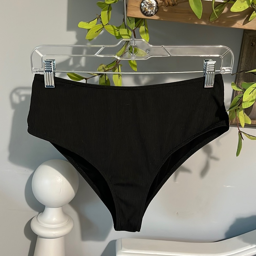 Bikini Black Solid Ribbed High Waist Swimsuit Bottom Womens M